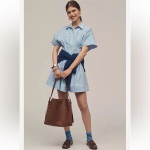 Anthropologie EXQUISE Tobie Button-Front Pleated Shirtdress Blue Stripe
